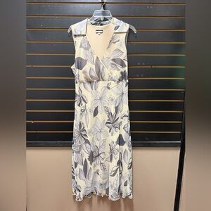 Vintage Believe Y2K Floral Midi Dress Size 14 Beige Gray Cottagecore Fairycore